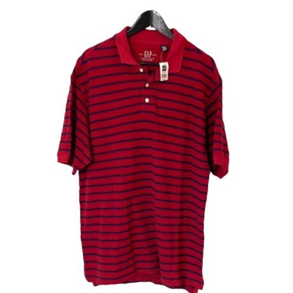 GAP Men's Striped Polo Shirt Henley Golf Short Sleeve Cotton Red Blue Large NWT